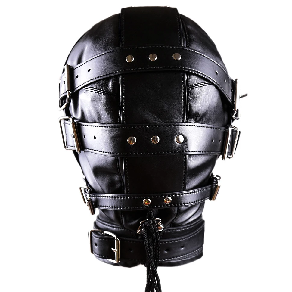 PU Leather Total Sensory Deprivation Full Head Bondage Hood Headgear Mouth Open Lockable Gimp Bondage BDSM Sex Toy for Couple