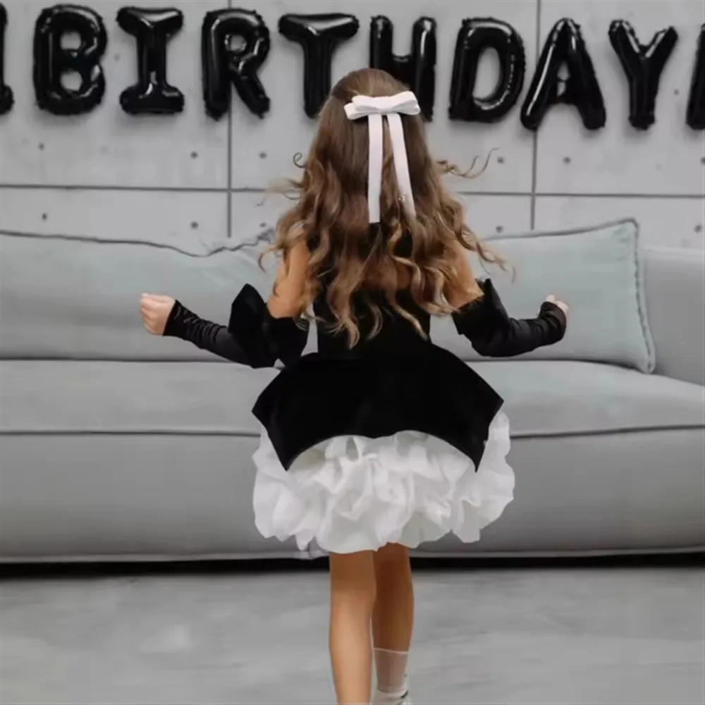 تخصيص المخملية زهرة فتاة فستان الزفاف المتدرج مع القوس نفخة فتاة حزب اللباس الاطفال عيد الميلاد الاحتفالية ثوب التواصل المقدس