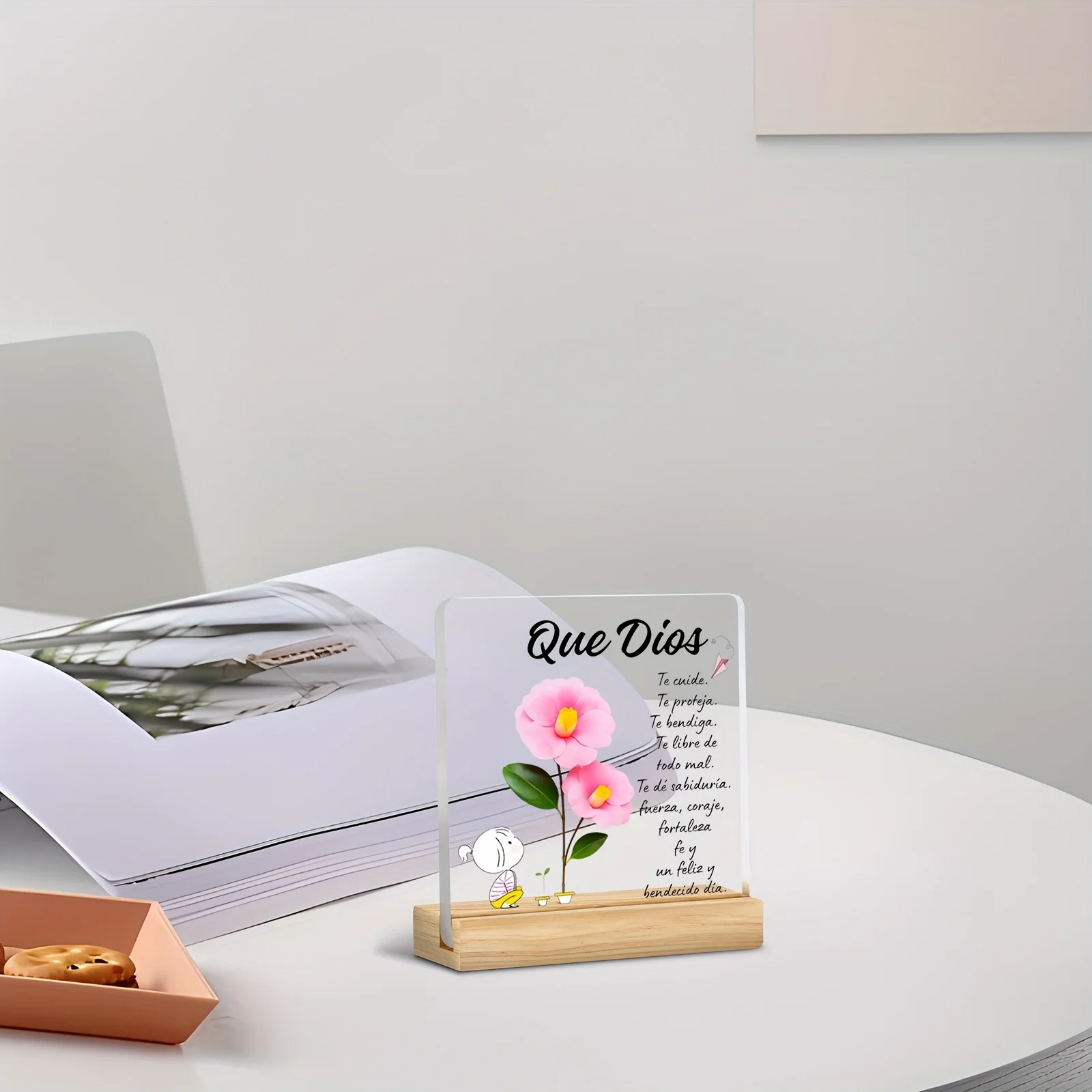 لوحة صلاة دينية إسبانية "Que Dios..." طباعة مسطحة ثنائية الأبعاد، زخرفة ملهمة وديكور رف الكتب، تركيب أرضي