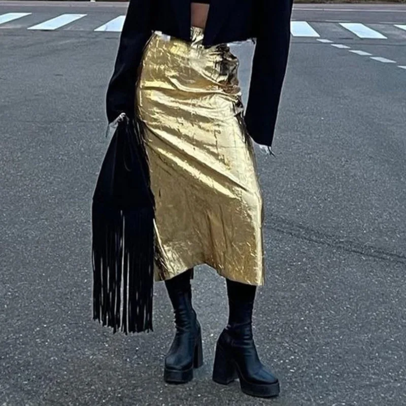 EAEOVNI 2026 printemps nouvelle jupe femme plis conception couleur unie fendu élégant jupe longue vêtements de sport