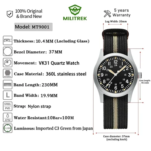 Imagen 2 del producto MILITREK 2025 nuevo reloj de cuarzo militar retro VH31 para hombre 37mm zafiro acero inoxidable 100m impermeable C3 luminoso reloj hombre