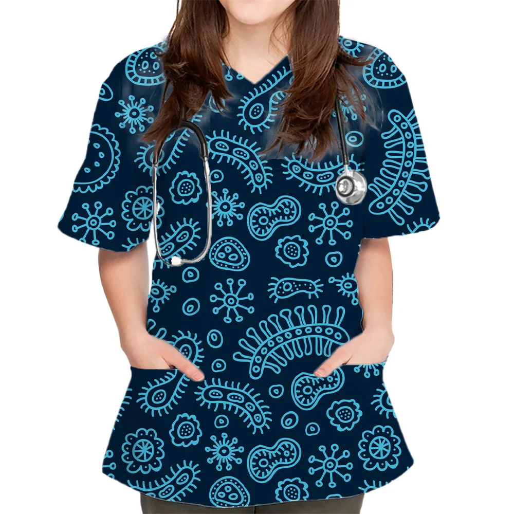 New Women Tops Bacteriogram Print Pharmacist Veterinary Nurse Fashion Slim Beauty Scrub Clothes Spa Medical Lab Medical Uniform