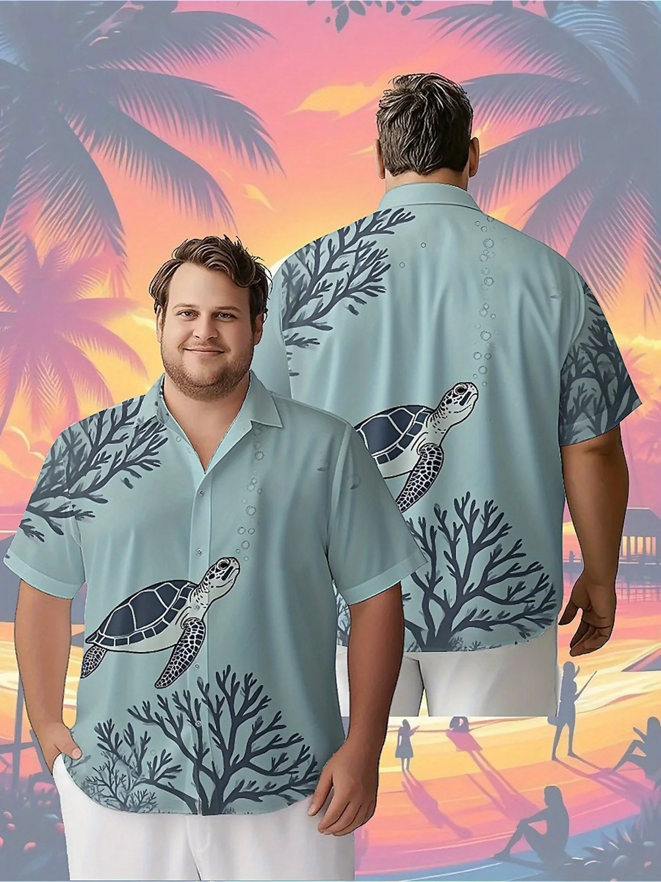 

Men's Plus Size Hawaiian Shirts Turtle and Coral Pattern, Unisex Aloha Shirts,New in Summer Tops Tee,streetwear