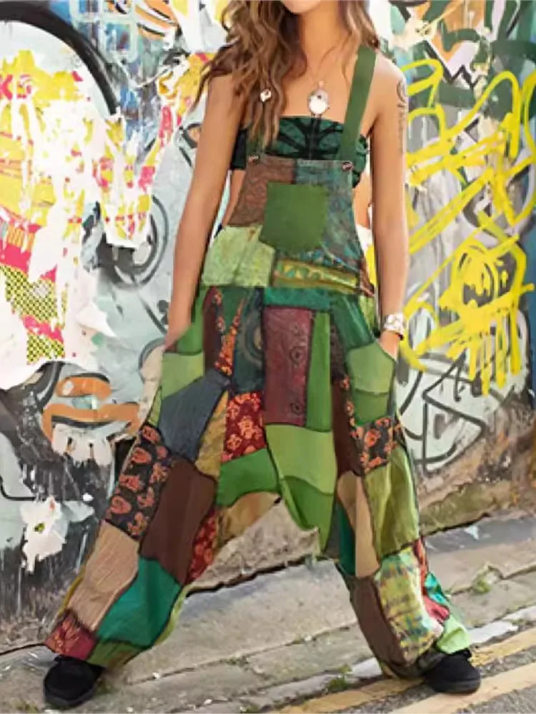 موضة المرقعة الحمالات بنطلون بذلة للنساء الهيب هوب المرقعة العرقية طباعة فضفاض سراويلي حريمي الشارع السروال القصير الإناث