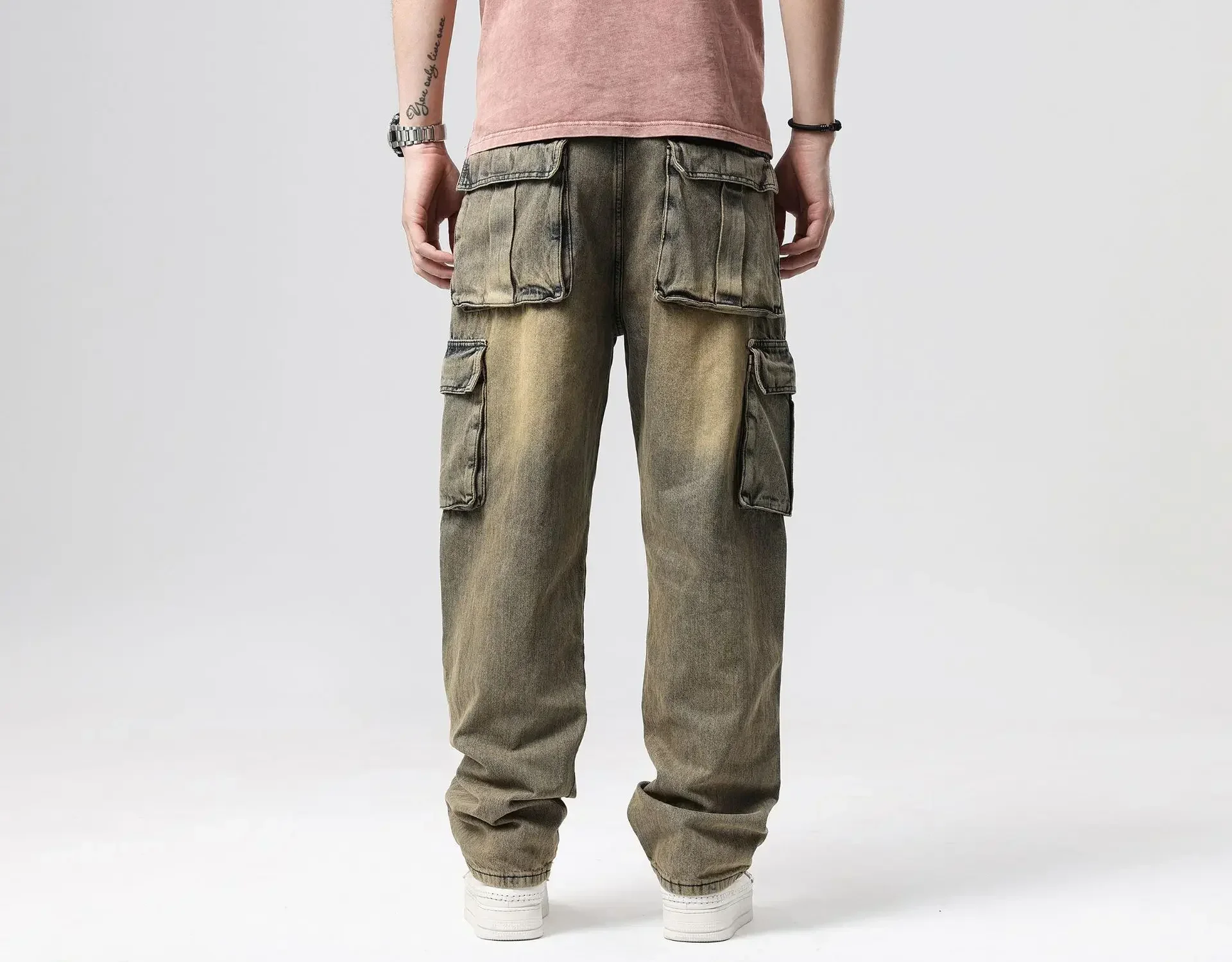 Distressed กางเกงยีนส์ผู้ชาย Baggy ตรงกางเกงเอวสูงหลายกระเป๋าล้างข้อเท้าความยาวกางเกง Denims 2024 ฤดูใบไม้ร่วง Streetwear