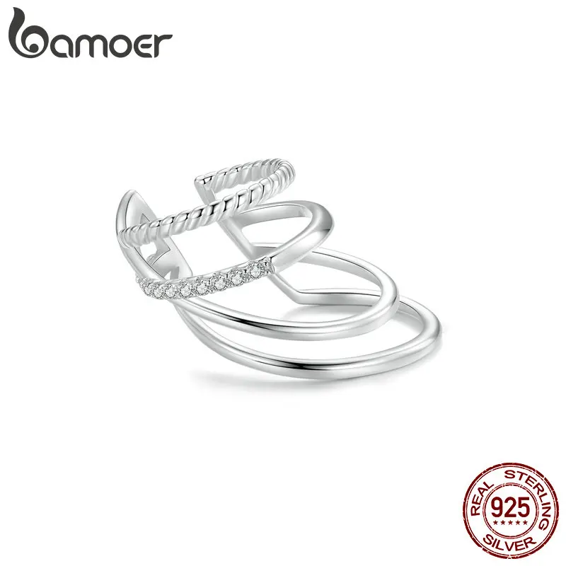 BAMOER 925 srebrne wielowarstwowe kolczyk klip dla kobiet moda Mono nauszne mankiet wysoka biżuteria przyjęcie prezenty dla kobiet dziewcząt
