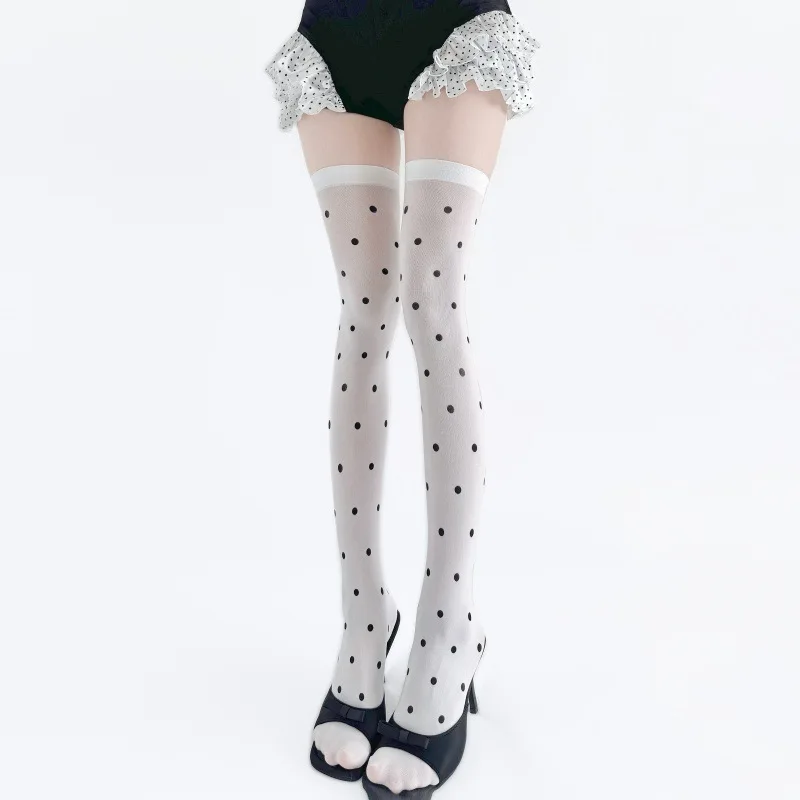 Black White Polka Dot Velvet Calf Over Knee Socks Women Spring Summer Printed Slouch Long Fashion Leg Hosiery Outfit Matching