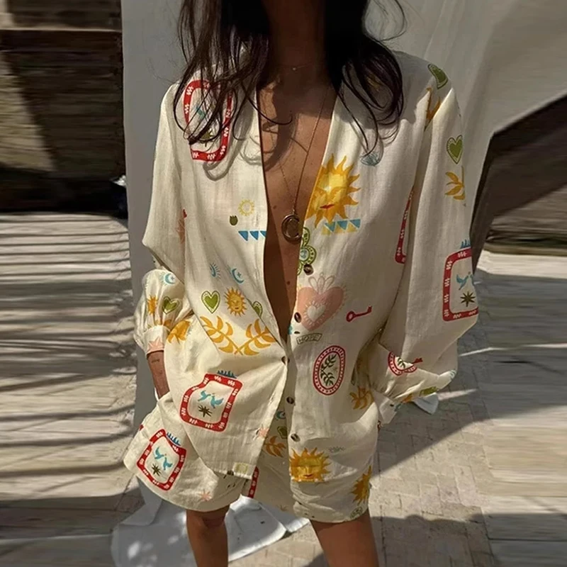 

Lady Elegant Loose Lapel Outfit Trendy Pattern Printed Long Sleeve Shirts Shorts Matching Sets Summer New Beach Vacation 2 Piece