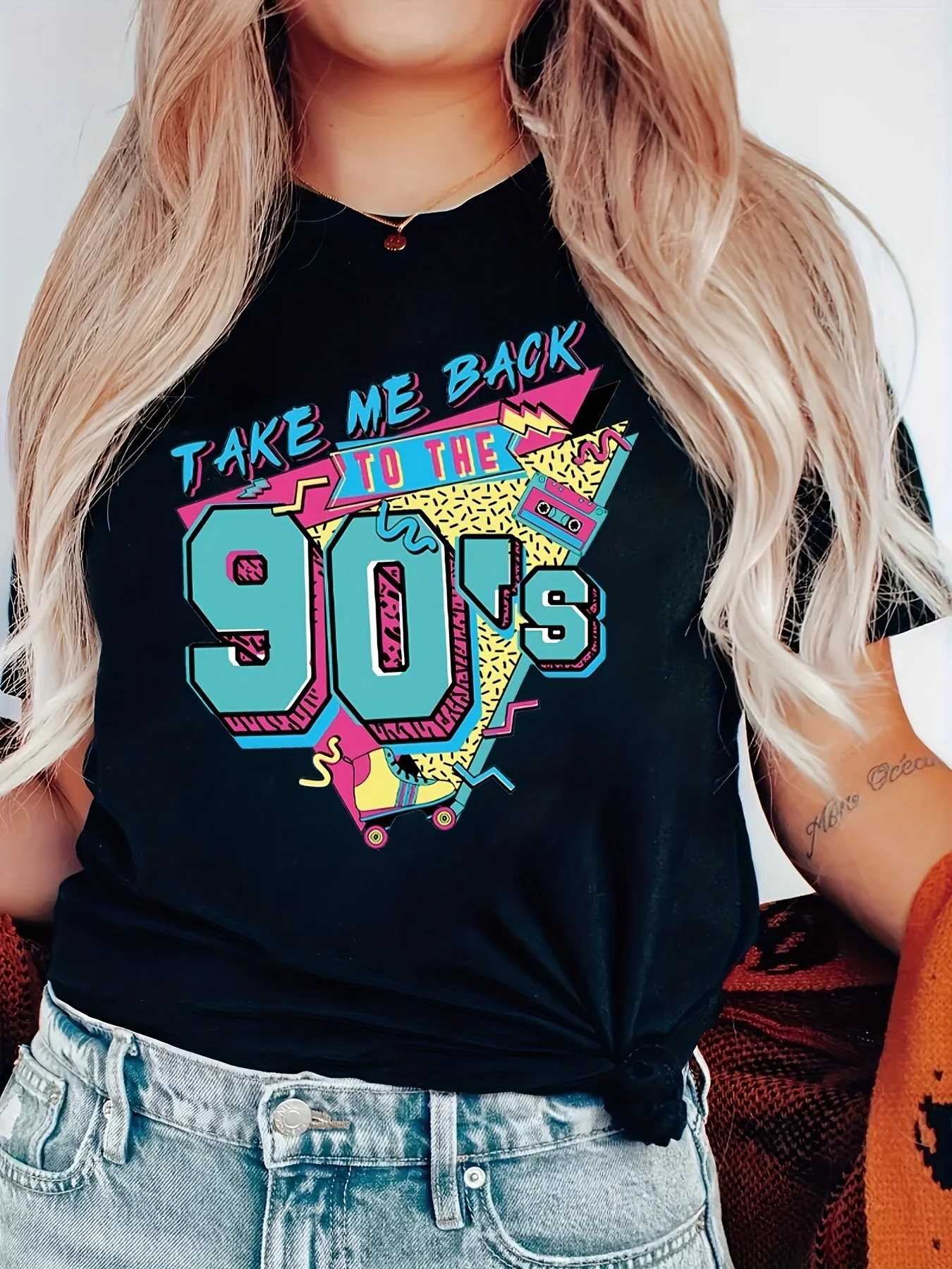 Camiseta informal con estampado Retro de los años 90 para mujer cuello redondoTake Me Back To The 90sestética informal de