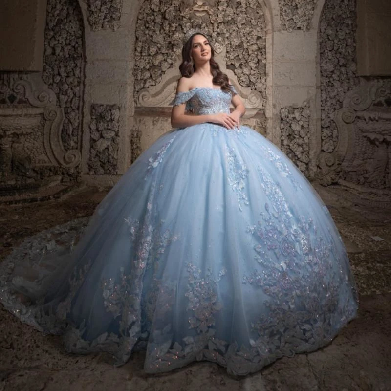 

Customized Sky Blue Shiny Quinceanera Dresses Ball Gown Sequin Applique Lace Beading Crystal Tulle Lace-Up Party Princess Sweet