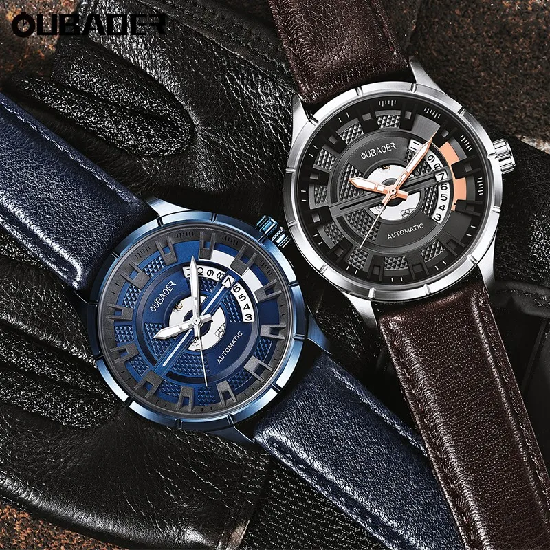 OUBAOER Men Engineer Series Automatic Mechanical Watch Genuine Leather Strap Dial Waterproof Industrial Business Wristwatch view 3