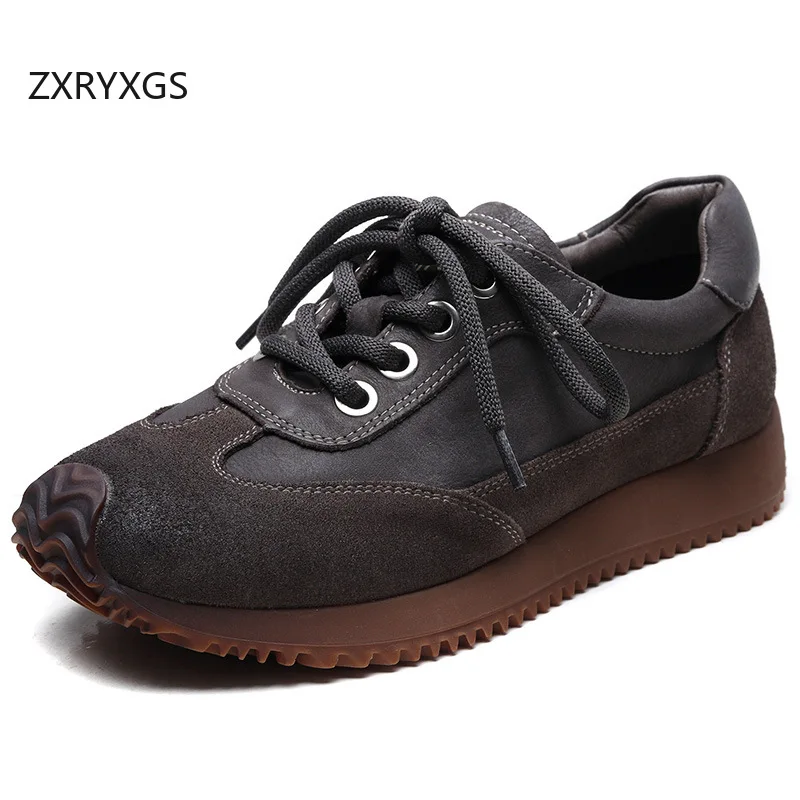 ZXRYXGS Crossover Strap Full Genuine Leather Sneakers Flat Non-slip Comfort Trend Shoes 2024 Autumn Casual Sneakers Women Shoes