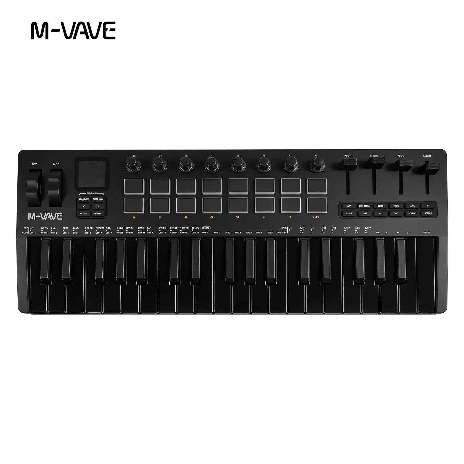 M-VAVE SMK-37 USB MIDI 컨트롤러 37키, 16개의 RGB 패드 및 8개의 노브 포함, 소프트웨어 작동 지원, Windows, Mac, iOS, Android 호환