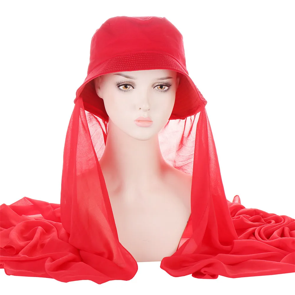 

New Muslim Women Bucket Hat with Chiffon Hijabs Summer Sports Cap with Chiffon Hijab Ready To Wear Instant Hijab Islam Headscarf