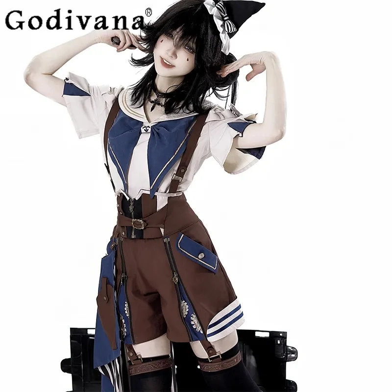 Conjunto de tres piezas para mujer, disfraz de Príncipe Cos, ropa de Cosplay Original de Lolita, camisa con cuello azul marino y tirantes, traje de cola corto