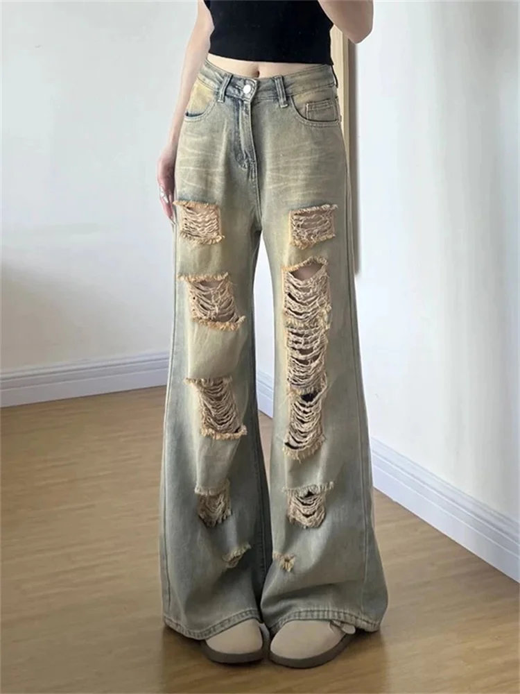 

Petite American Vintage Distressed Jeans Women Summer High Waist Wide Leg Trousers Loose Straight Fit Floor Length Denim