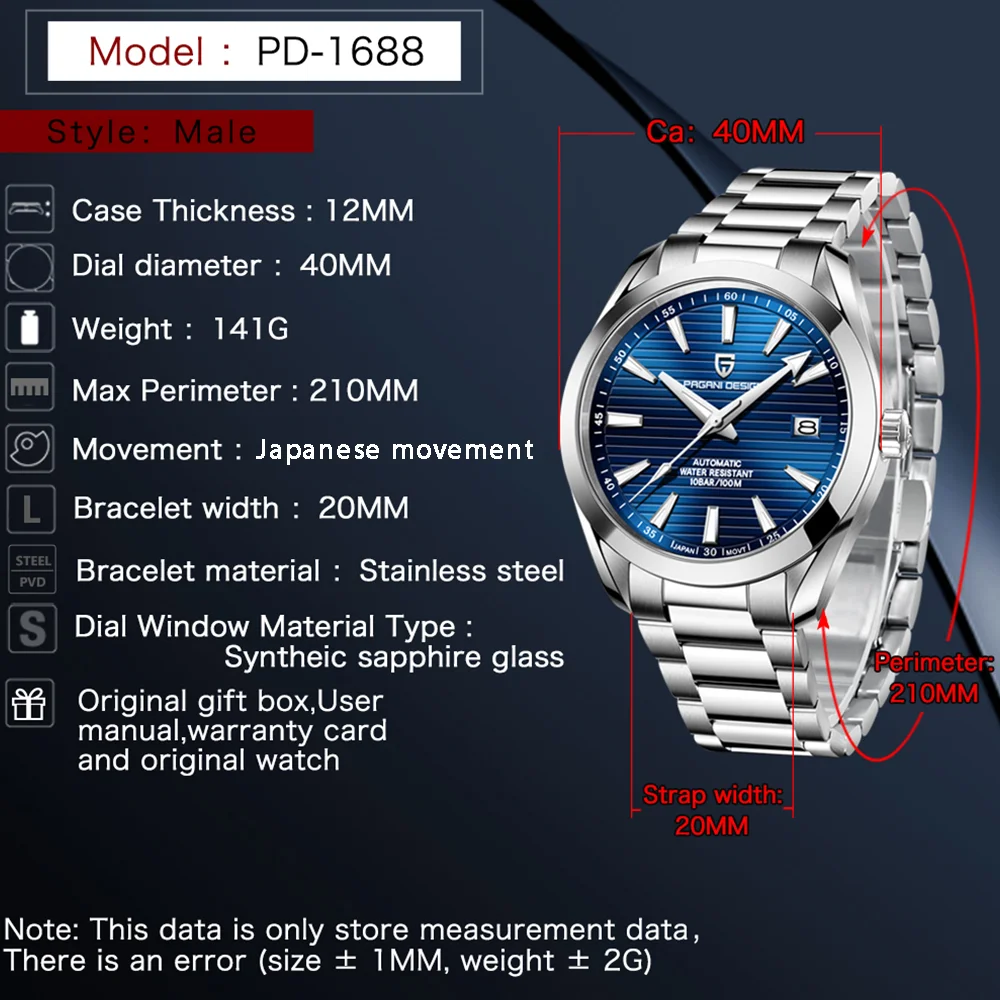 PAGANI DESIGN A150 40MM Orologio meccanico da uomo Orologio automatico da uomo in vetro zaffiro di lusso 100M Impermeabile Reloj Hombre