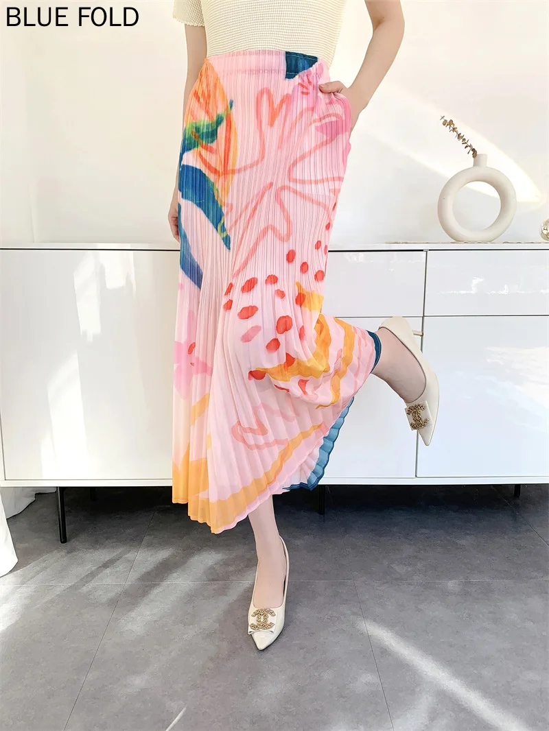 MIYAKE PLEATS Women's Summer 2025 Digital Print Pleated Skirt Comfortable Casual Pleated Faldas Ropa De Mujer