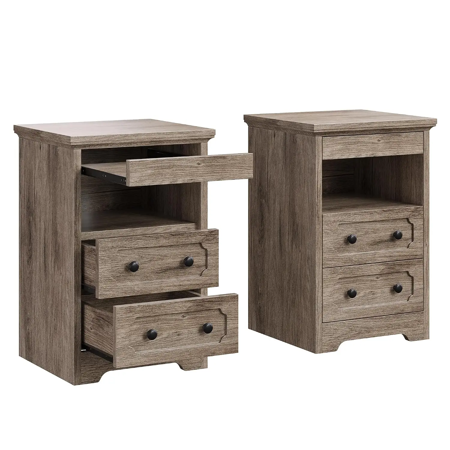 Wooden Nightstand Set Of 2 With Pull Out Tray 2 Drawers & Open Shelf Bedside Side Table Bedroom Grey, Customized