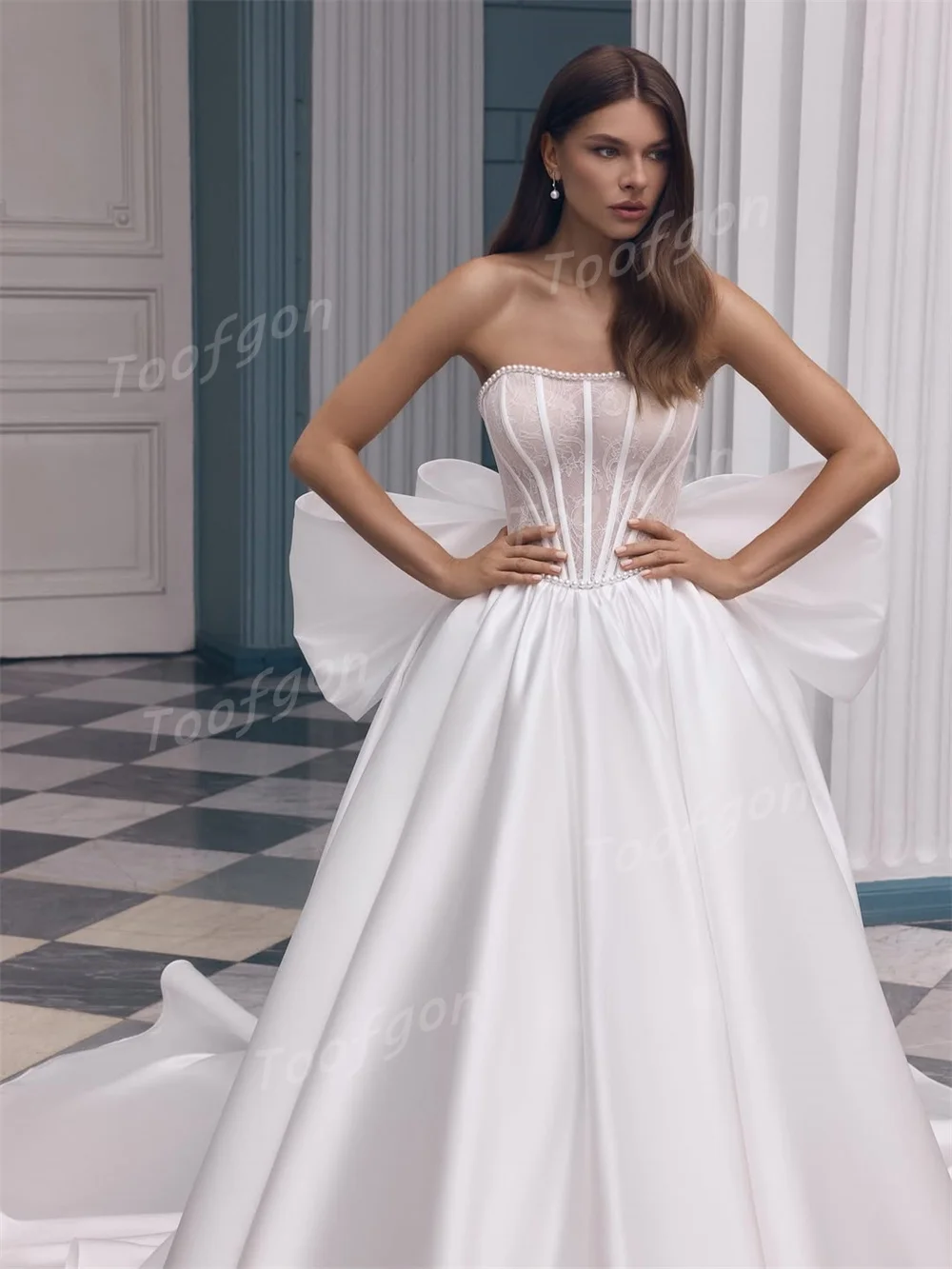 Toofgon A Line Lace Satin Bride Wedding Dresses Strapless Bones Long Train Women Formal Party Dress Bridal Gowns Customized