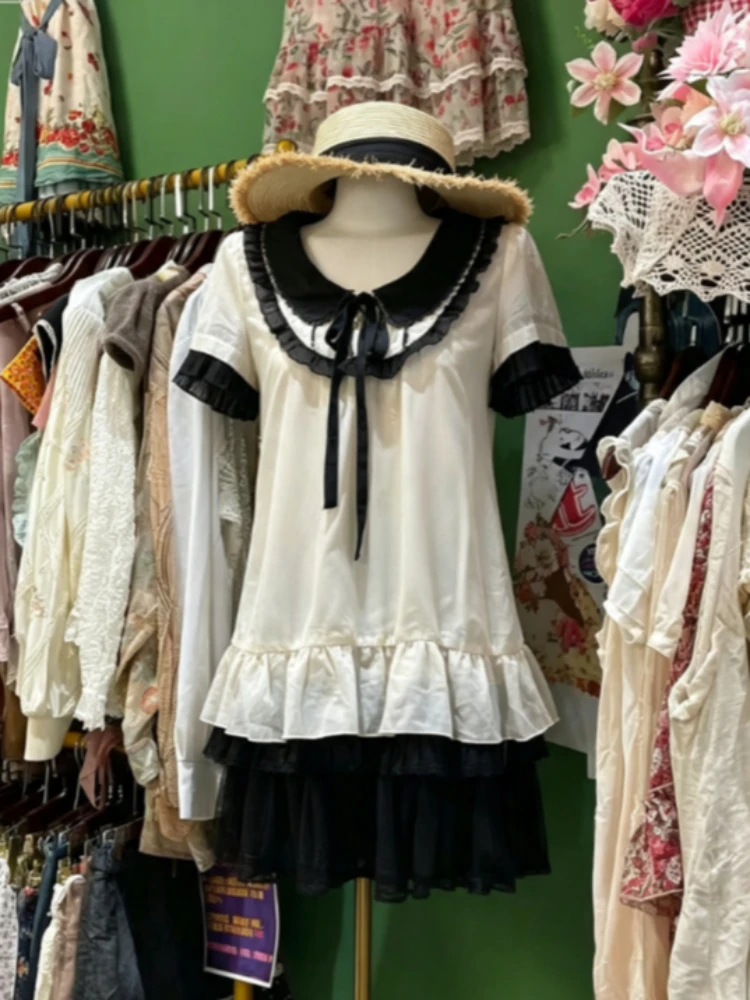 Fairy Grunge Japanese Harajuku Y2K Spliced Blouse Women Elegant Sweet Fluffy Ruffle Fashion Tops Casual Korean Holiday Apparel