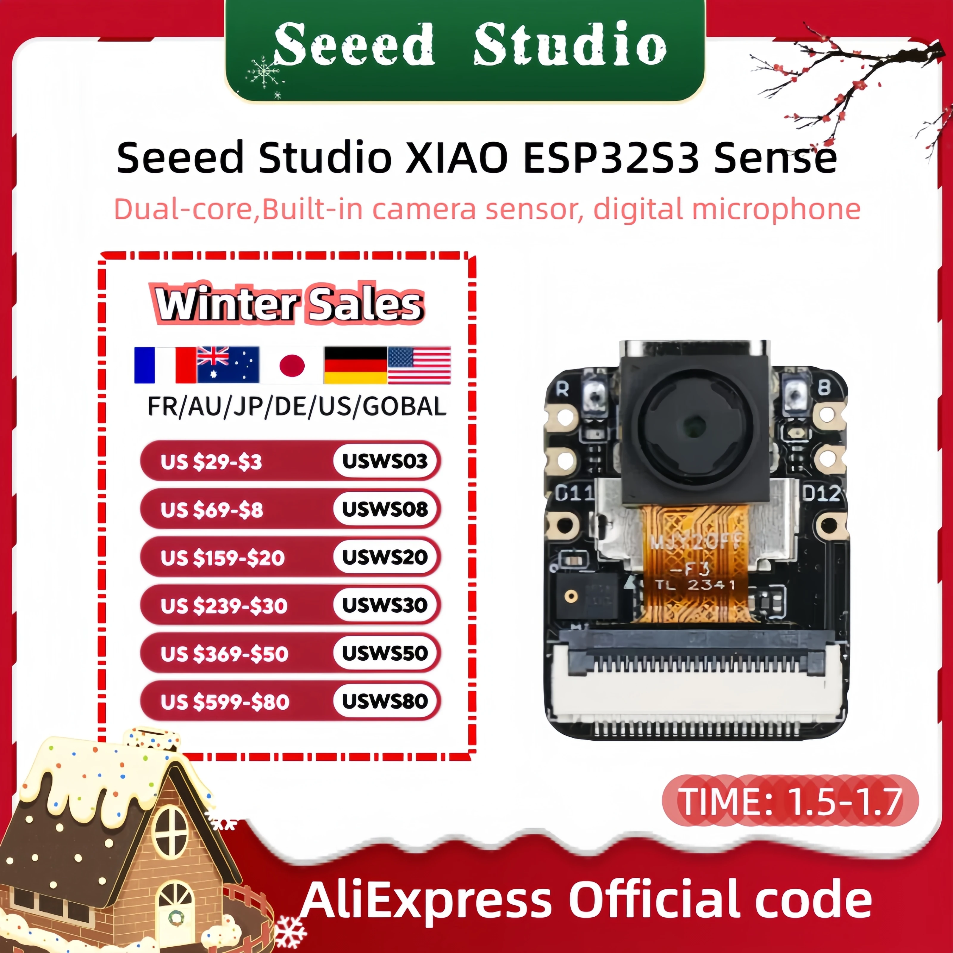 Seeed Studio XIAO ESP32 S3 Sense-seeeduino xiao esp32s3 sense met OV2640 camerasensor, 2,4 GHz Wi-Fi, BLE 5.0, microfoon, 8 MB