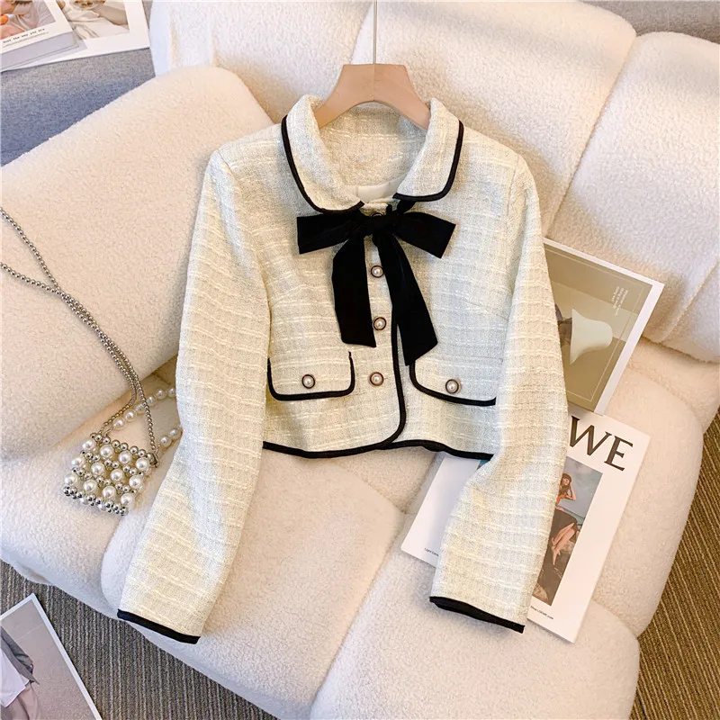 Vintage Women Tweed White Suit Jacket Coat Top And Skirt Elegant Two Piece Set Outfit 2023 Winter Jacquard Fashion Cloth