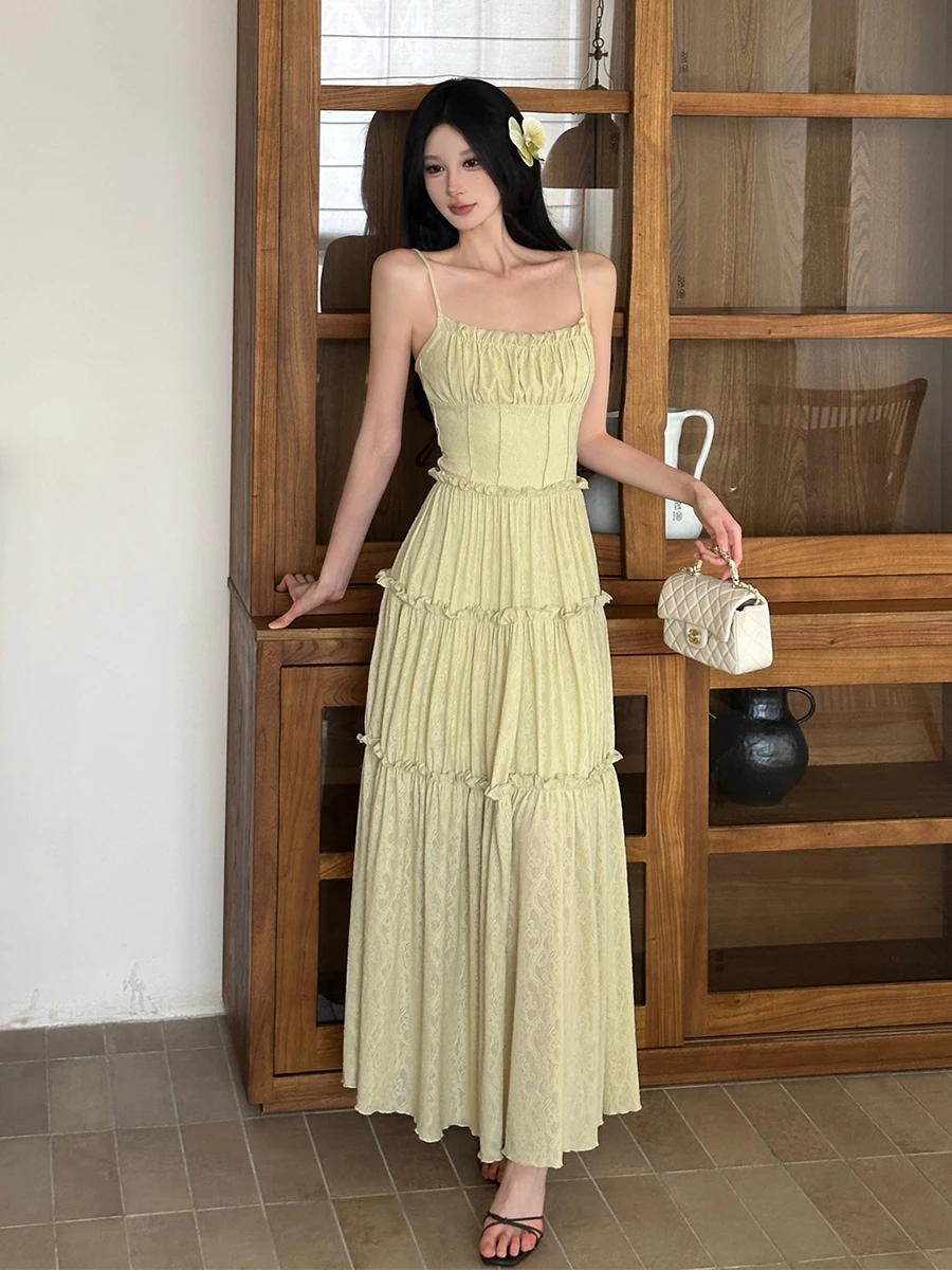 ReddaChic ภาษาฝรั่งเศสคําชนบทผู้หญิงดอกไม้ถักชุดรัดตัวเอว Cami Maxi ยาว Frilly ชุดฉัตร Lounge ฤดูร้อนเสื้อผ้า