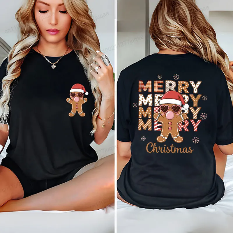 Weihnachts-T-Shirt für Damen, T-Shirt mit Lebkuchen-Motiv, T-Shirts mit beidseitigem Aufdruck, T-Shirts mit Weihnachtsmotiv, Weihnachts-Party-Outfit. – Detail 2