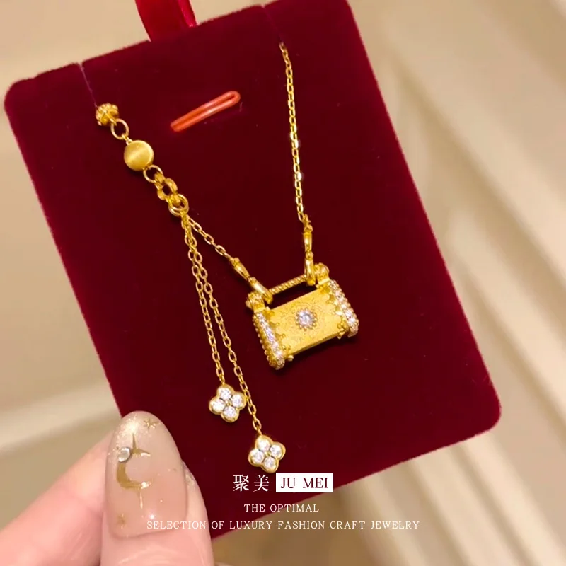 Viora Jewelry Luxury 24K 9999 Pure Gold real gold Point Drill Brushed Lock Bag Necklace Longlife Lock Lucky Grass Clavicle Chain