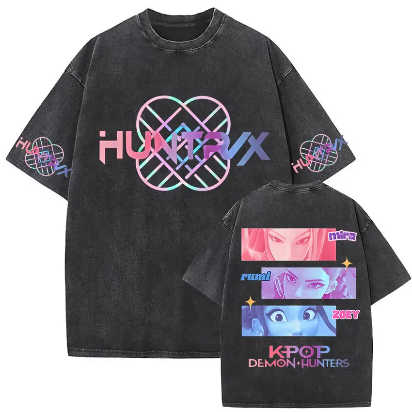 

Vintage Washed K-pop Demon Hunters Film 2025 Graphic T Shirts Men Women Harajuku Aesthetic Short Sleeve T-shirt Loose Streetwear