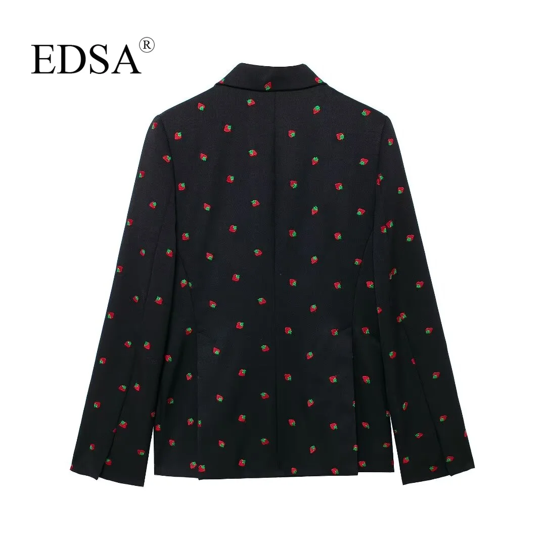 EDSA Women Wool Blended Strawberry Printed Skirts Set 2 Pcs Black Blazer Jacket High Waist Striaght Mini Skirts for Office Lady