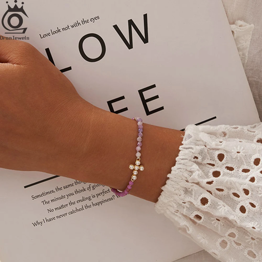 

ORSA JEWELS Minimalist Purple Mica Stone Bracelet Handmade Natural Pearls Cross Shape 925 Sterling Silver Charm Bracelet MPB10
