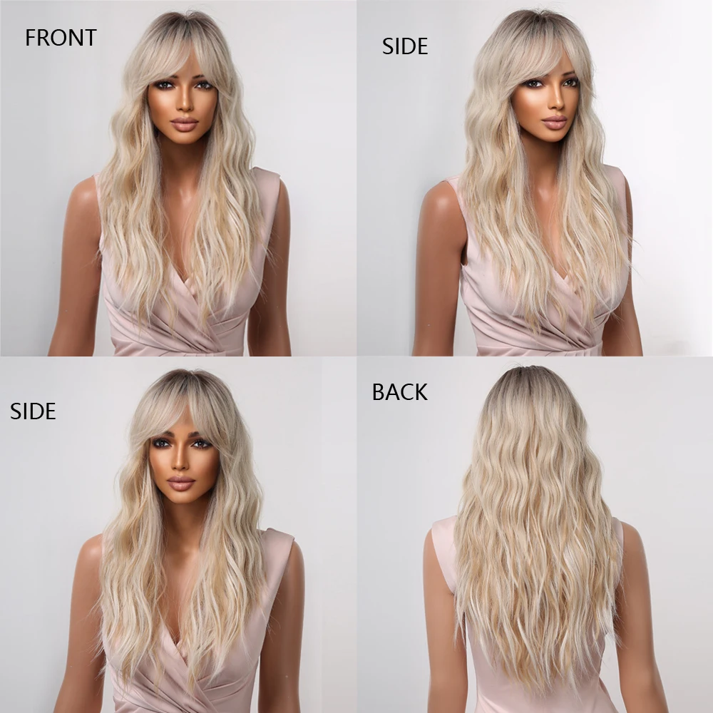 JONRENAU Synthetic Wavy Blonde Platinum Wigs For Women With Bangs Ombre Dark Long Wave Wig Party Daily Heat Resistant Fibre Hair