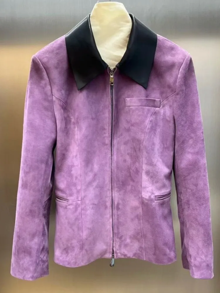 高品質の女性用本革ジャケット、スリムフィット、ジッパー付き、長袖、春用、スプライス加工、ラペル付き、オフィスレディース、スエードシープスキンコート