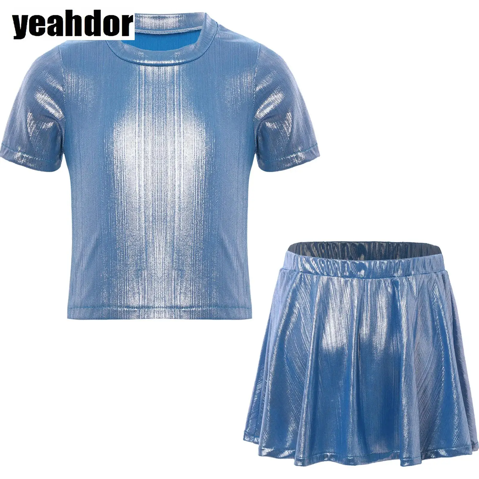 

Girls Hip-Hop Jazz Dance Outfit Shiny Metallic Crop Top with Shimmery Ruffled Skirt for Cheerleading Performance Dance Costumes