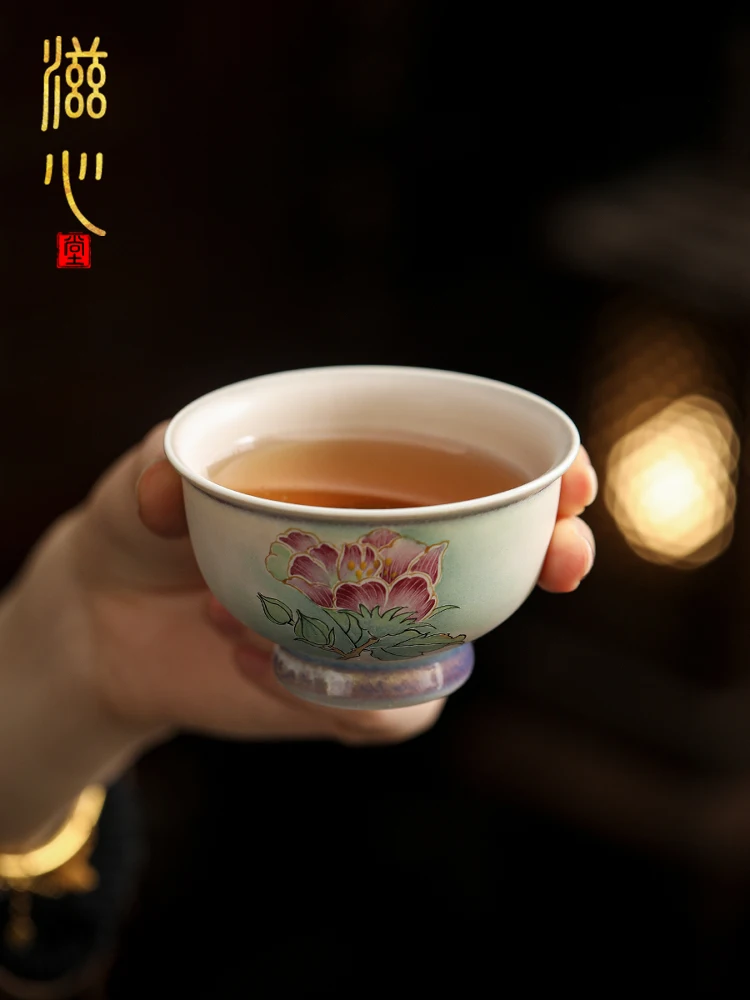 High-End Hand-Painted Hibiscus Flower Cup Ceramic Handmade Tea Personal Dedicated Tasting Kung Fu Set