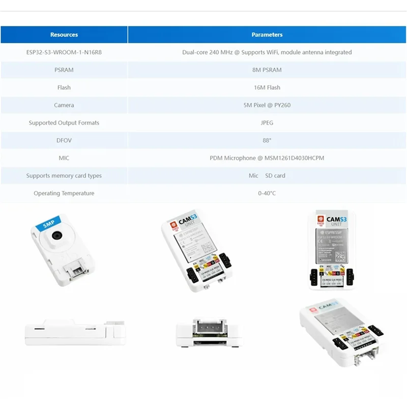 ABFM-Cams3 Wi-Fi Camera 5MP Unit ESP32S3 5-Megapixe Camera (PY260) 88° DFOV Built-In PDM Microphone