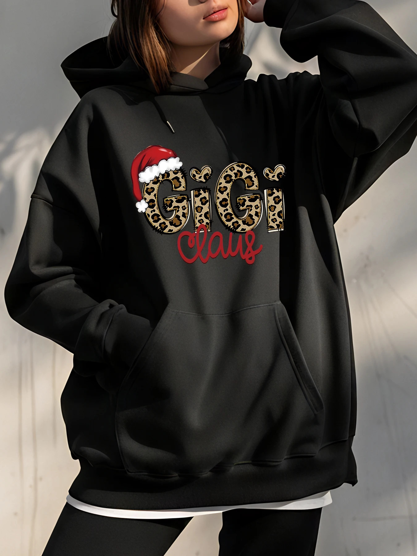 

Рождественская толстовка с леопардовым принтом Gigi Claus Santa Hat Design, женская повседневная толстовка, праздничный модный подарок для женщин