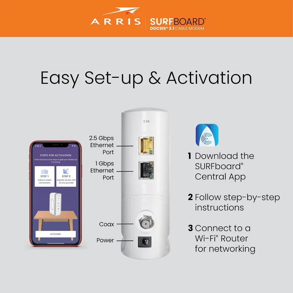 Surfboard S34 DOCSIS 3.1 Multi-Gigabit Cable Modem | Approved for Comcast Xfinity, Cox, Spectrum & More
