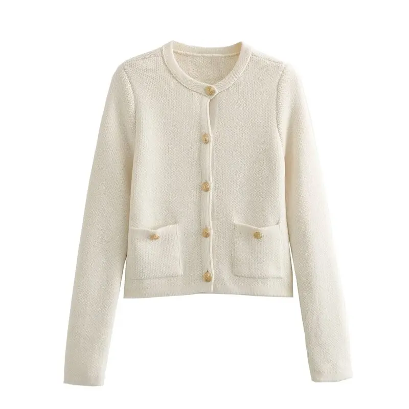 Cárdigan Largo de Punto para Mujer, Primavera 2024, Estilo Dulce, Corto, Entallado, Versátil, Deco con Botones