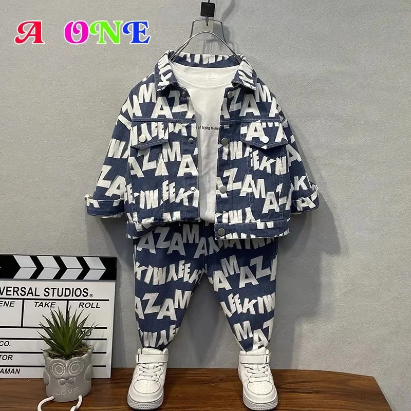 boy spring autumn denim suit baby clothes jacket + pants 2 pcs set children outfits clothing casual letter outdoor