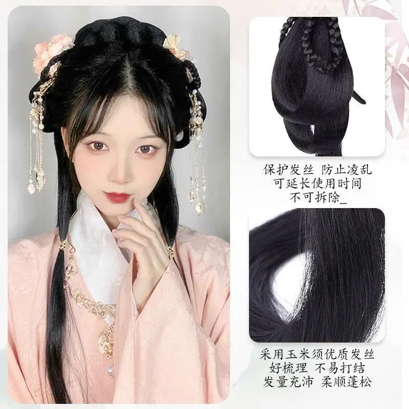 Tang-dynastie haarbumpset: alles-in-één hoornbroodje + volledige pruikdop voor Hanfu oude Chinese voorgevormde ossenhoornvulling + hoofdband