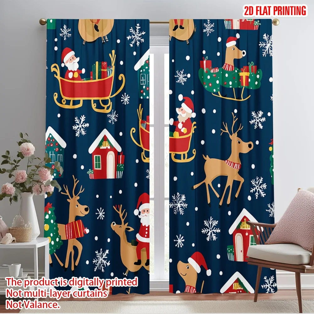 2pcs,2D plane printing Contemporary Curtains Cute Christmas Santa Reindeer Sleigh (2) Versatile Polyester Fabric (without rod)