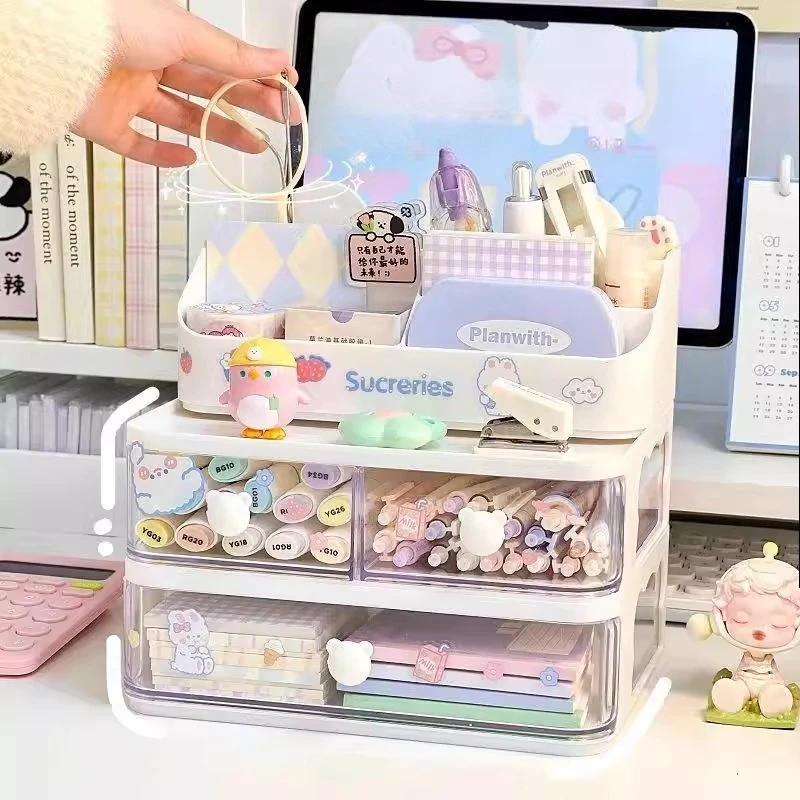 Stacked Desktop Storage Box Organizer Student Cute Desk Stationery Storage Rack MultiLayer Clear Drawer Storage Pen Holder Kawai