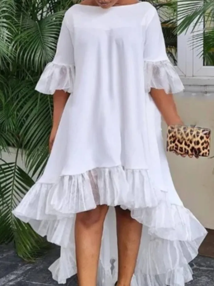 Fashionable O-neck Half-sleeved Dress For Women Fashionable Autumn Solid Color Loose Irregular Hem Splicing Party Dresses Female
