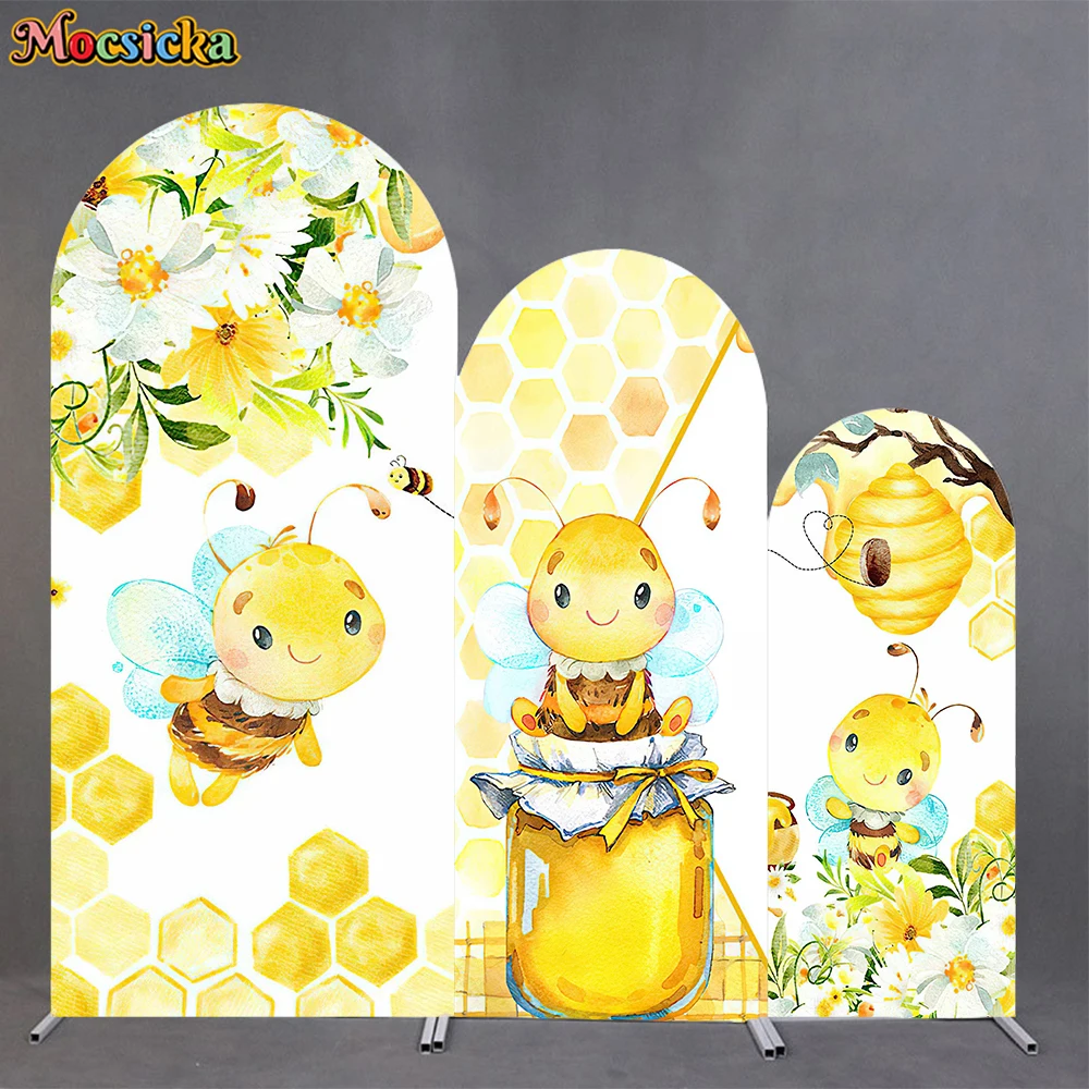 

Mocsicka Little Bee Arch Cover Backdrop Soft Elastic Double-Faced Baby Birthday Arched Background Yellow Honey Party Decor Props