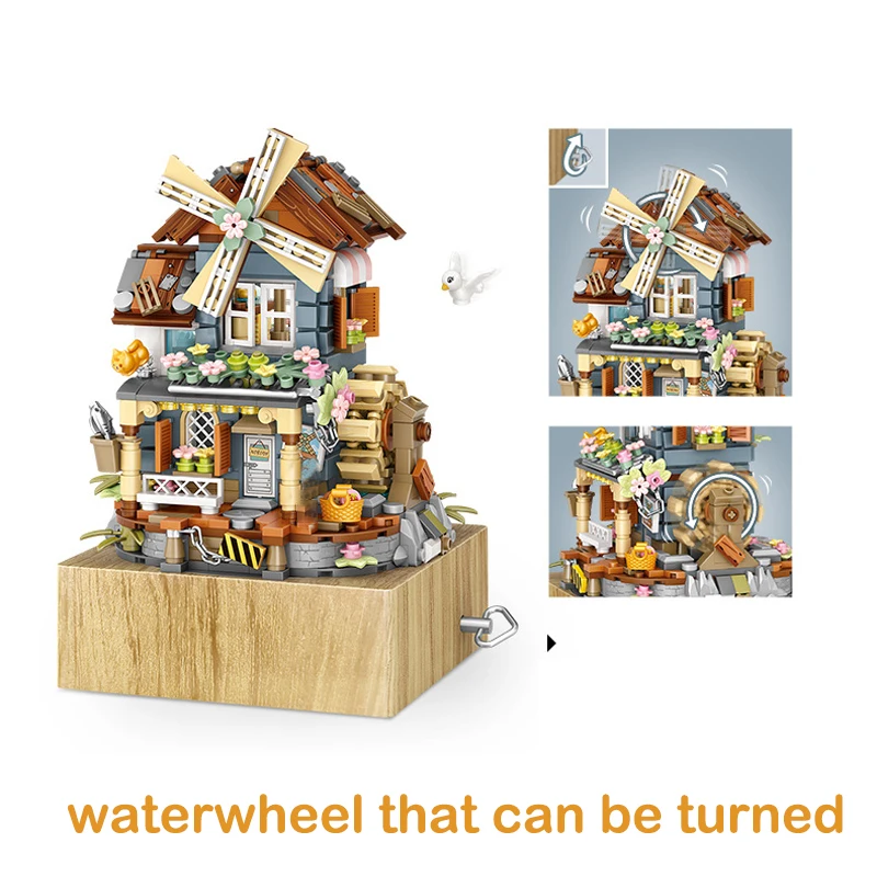 799Pcs Windmill Music Box Building Blocks DIY Vintage Spinning Windmill House Music Box Toys Decor Bricks For Gils Children Gift