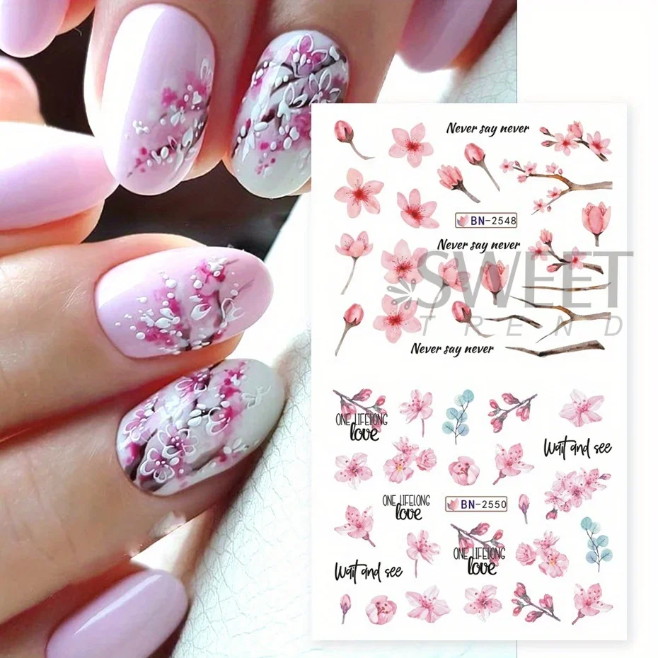 12pcs Pink Cherry Blossom Water Nail Sliders Winter New Year Sakura Floral Leaves Stickers DIY Charm Accessories Manicure Decor
