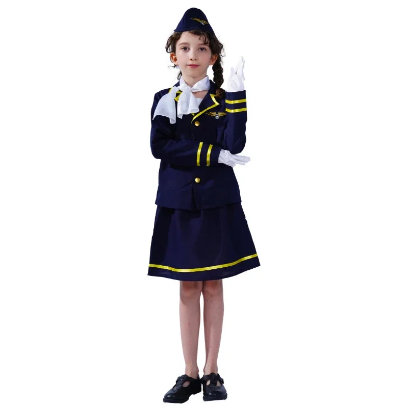 Stewardess Pilot woman Girl's Flight Attendant Dress Fancy Dress Party Kids Air Hostess Costume Cosplay Blue Air Dress for Hallo